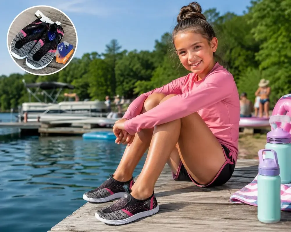 Speedo Surfwalker Water Shoes Junior L 4/5 Gray Pink Slip On Swim Beach NWT